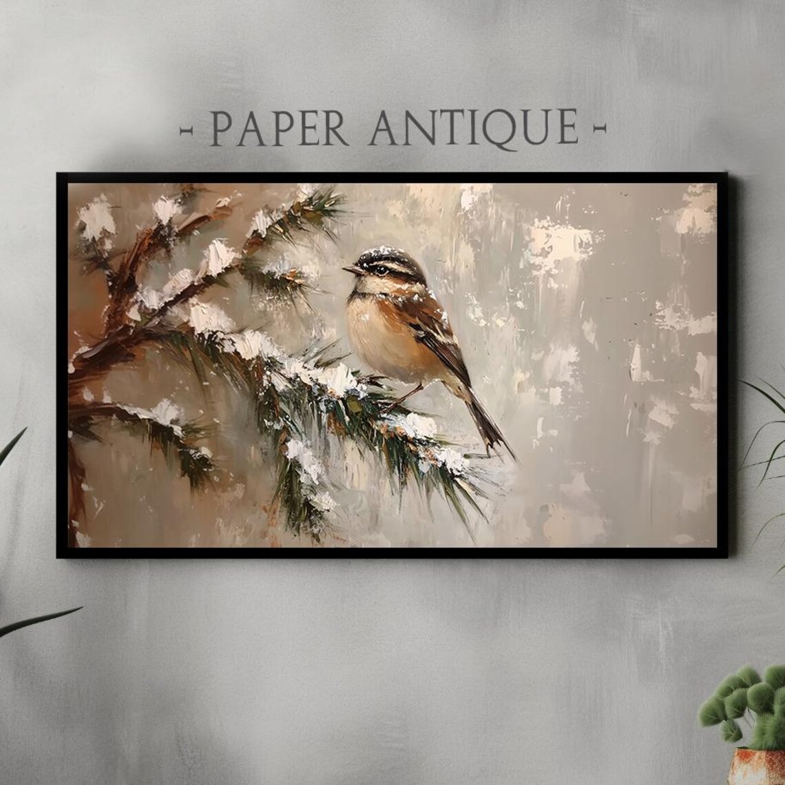 Winter Songbird On Snowy Pine Branch Serene Oil Painting Poster