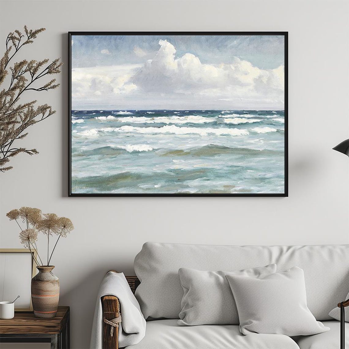 Ocean Waves Impressionist Seascape Blue Clouded Sky Painting Poster - Image 5