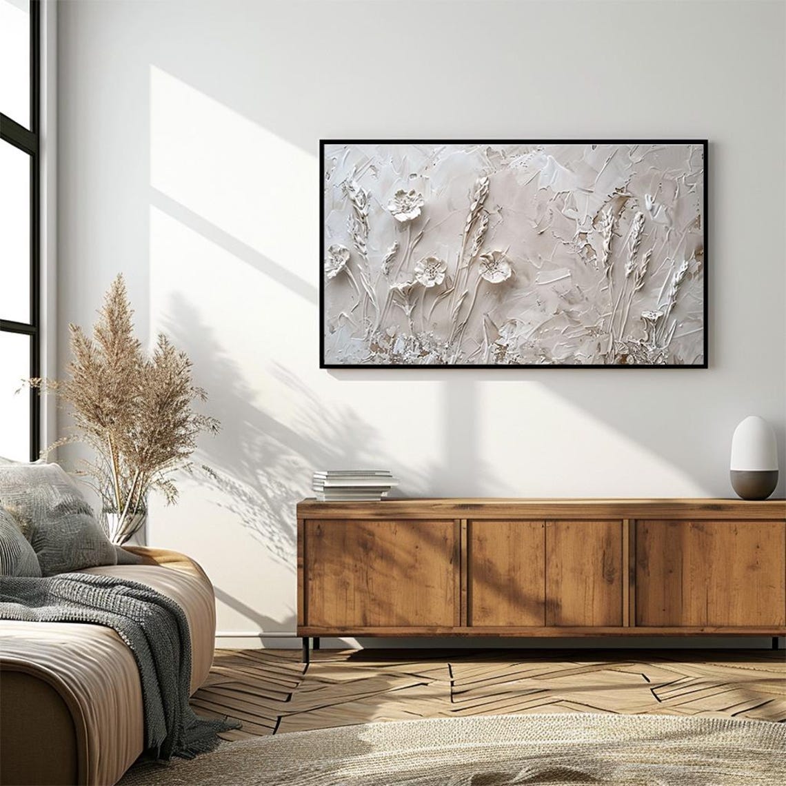 Textured White Relief Wildflowers Impasto Neutral Tones Poster - Image 4