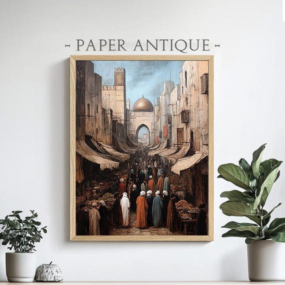 Busy Middle Eastern Market Painting Historic Architecture Traditional Oil Artwork Vibrant Street Scene Wall Art Pt