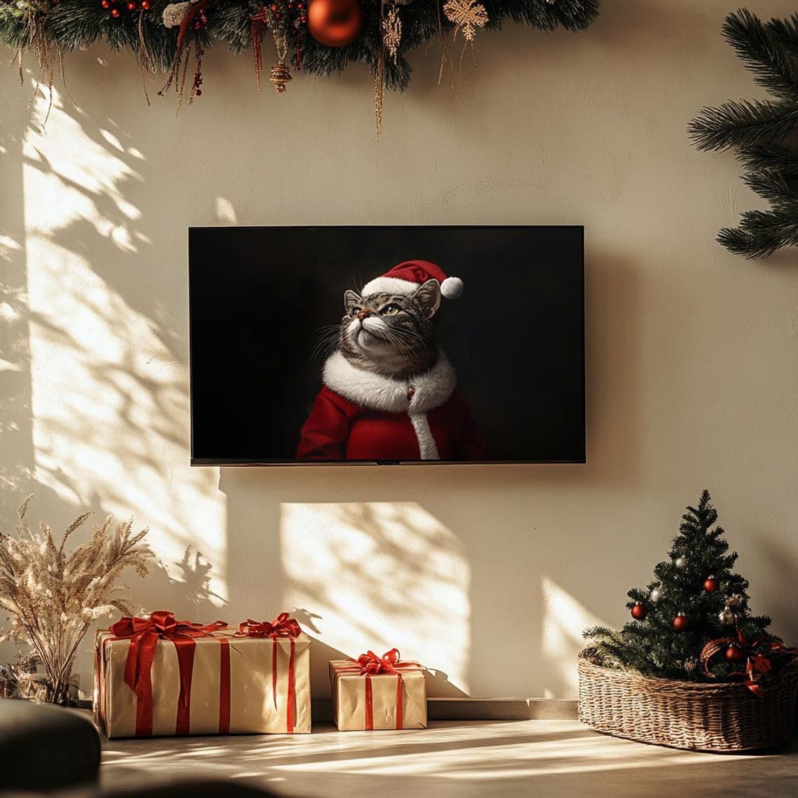 Tabby Cat in Santa Suit Cute Christmas Animal Portrait Poster - Image 3