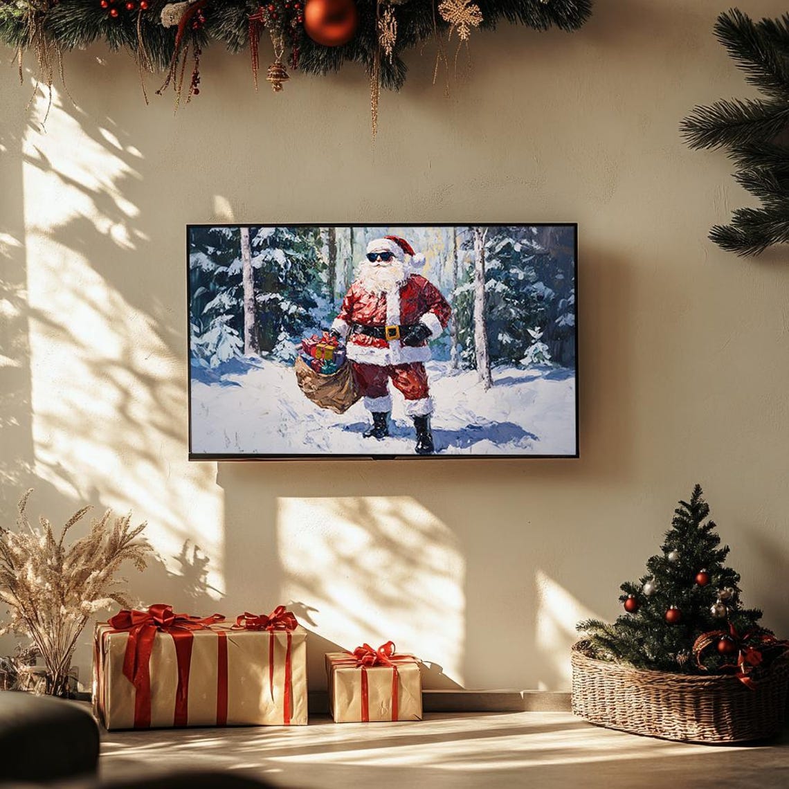 Cool Santa with Sunglasses Snowy Forest Fun Christmas Poster - Image 3