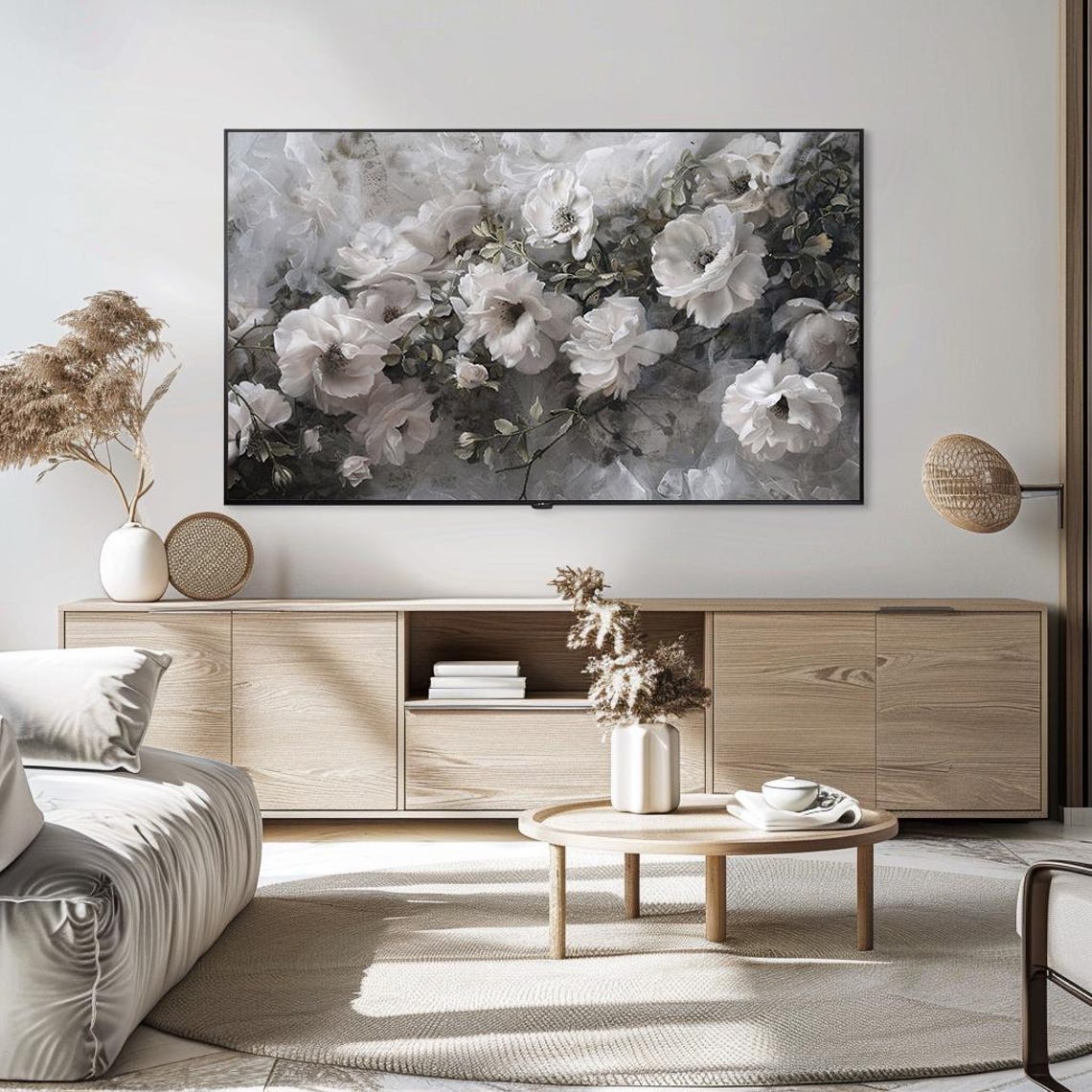 Soft White Blossom Monochrome Elegant Floral Painting Poster - Image 5
