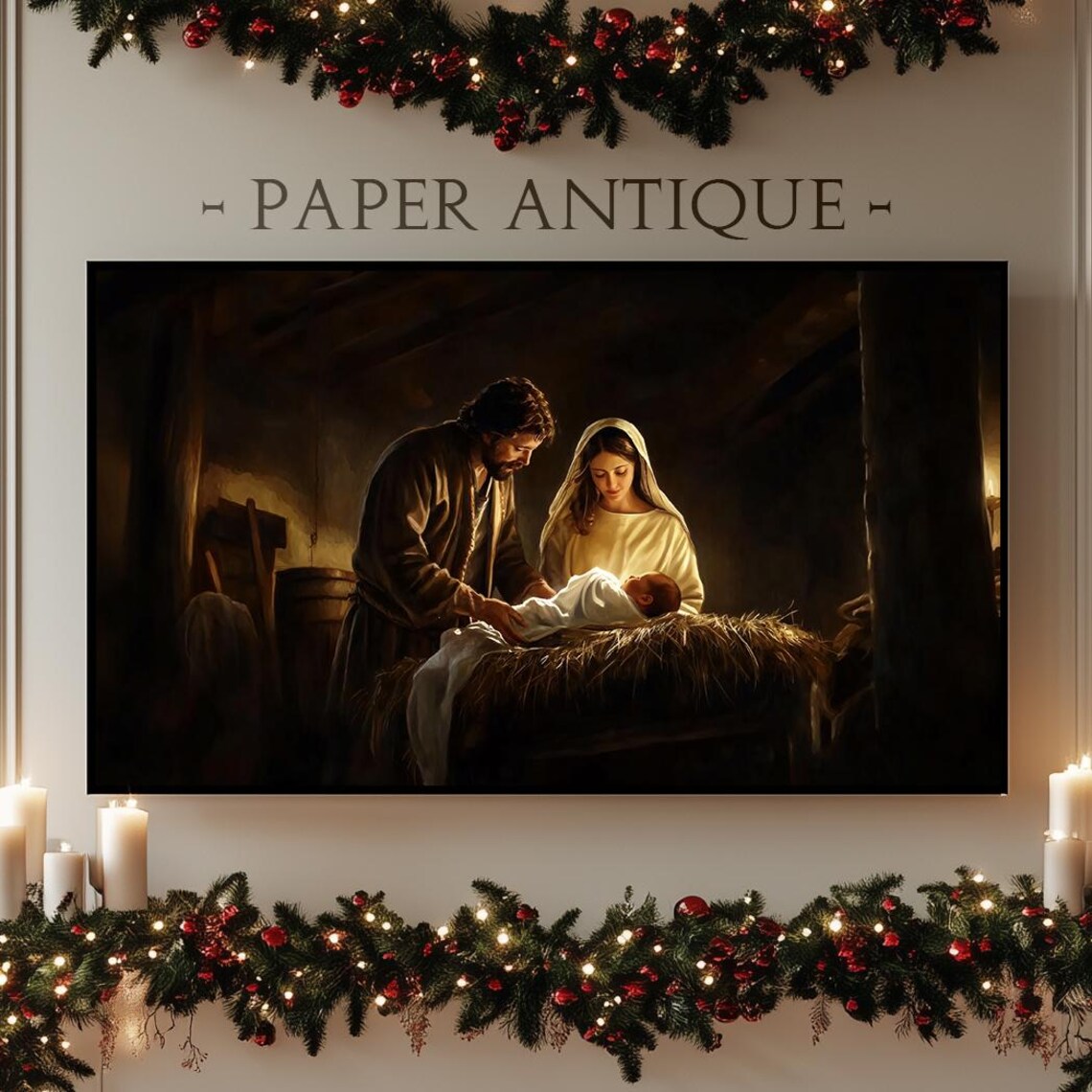 Holy Family Nativity in Rustic Barn Traditional Oil Painting Poster