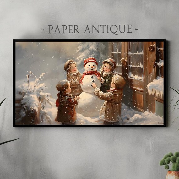 Children Building Snowman Vintage Victorian Winter Scene Holiday Poster