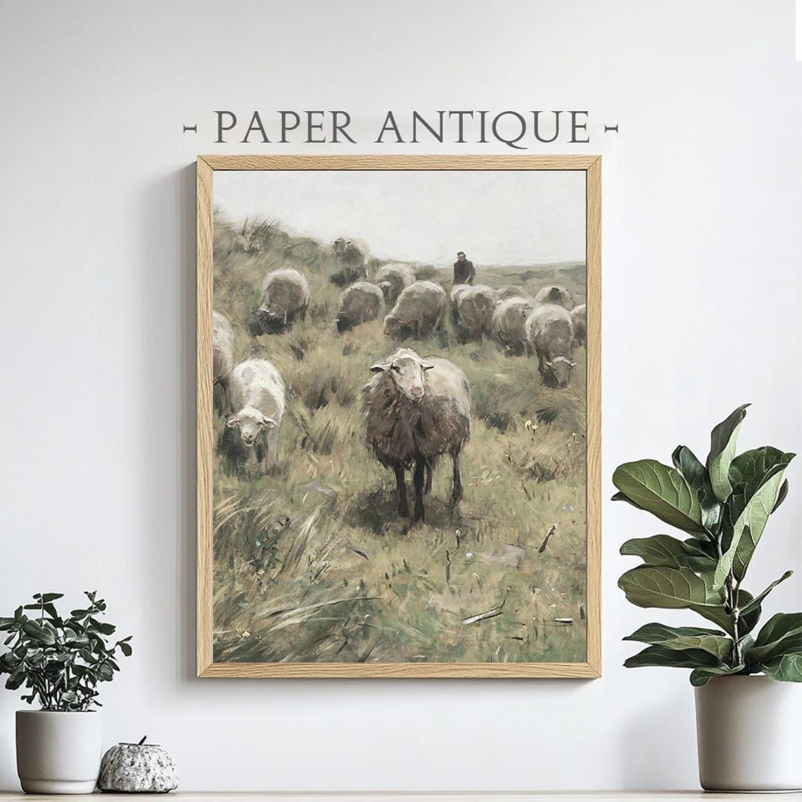 Sheep Herd In Pasture With Shepherd Rustic Farm Animal Painting Poster