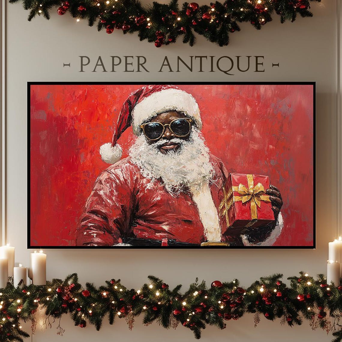 Cool Santa Sunglasses Holding Gift Bold Red Oil Painting Poster