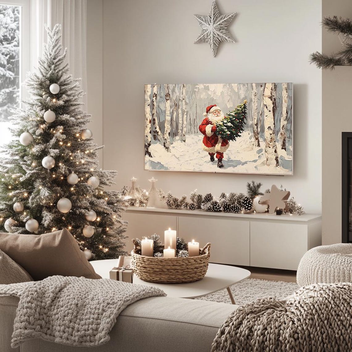 Santa Carrying Christmas Tree Snowy Birch Forest Painting Poster - Image 5
