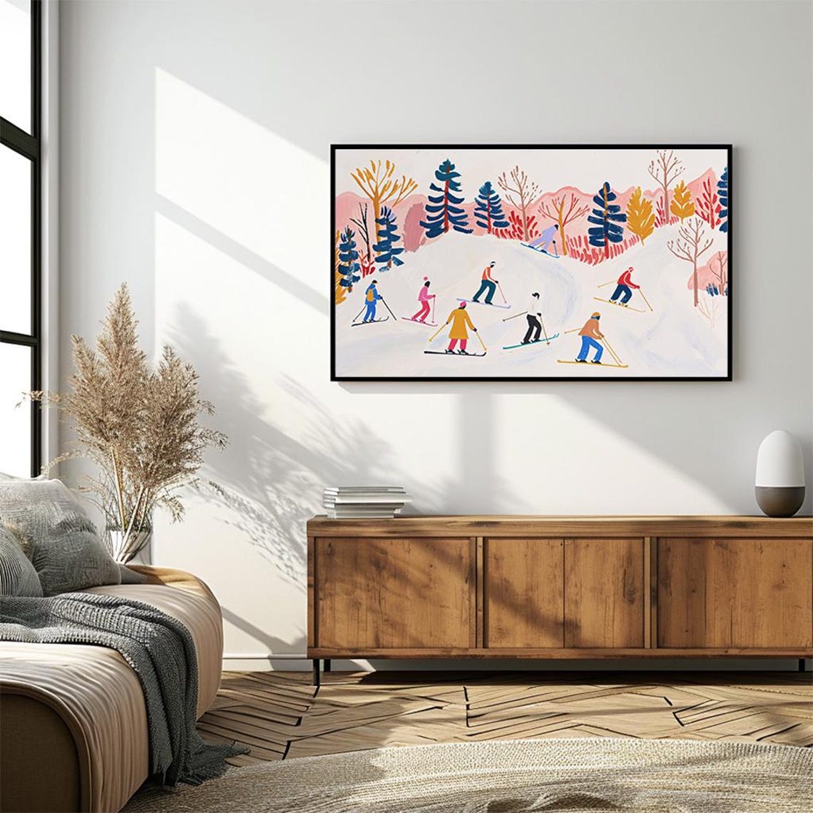 Happy Group of Colorful Skiers on Snowy Slope Retro Winter Poster - Image 4
