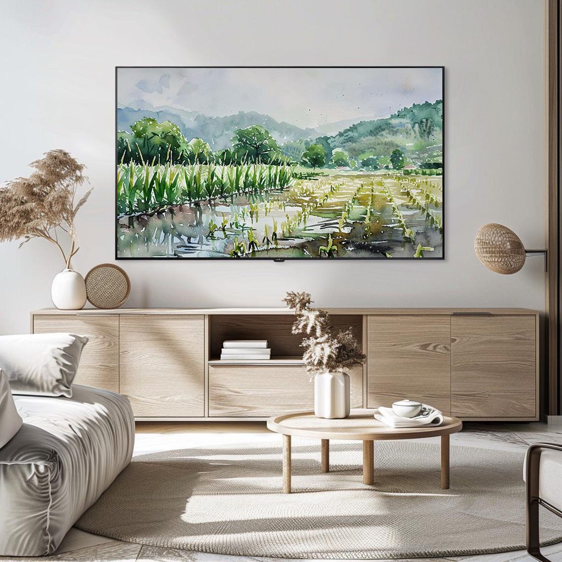 Rice Paddy Watercolor Green Fields Misty Mountains Landscape Poster - Image 5
