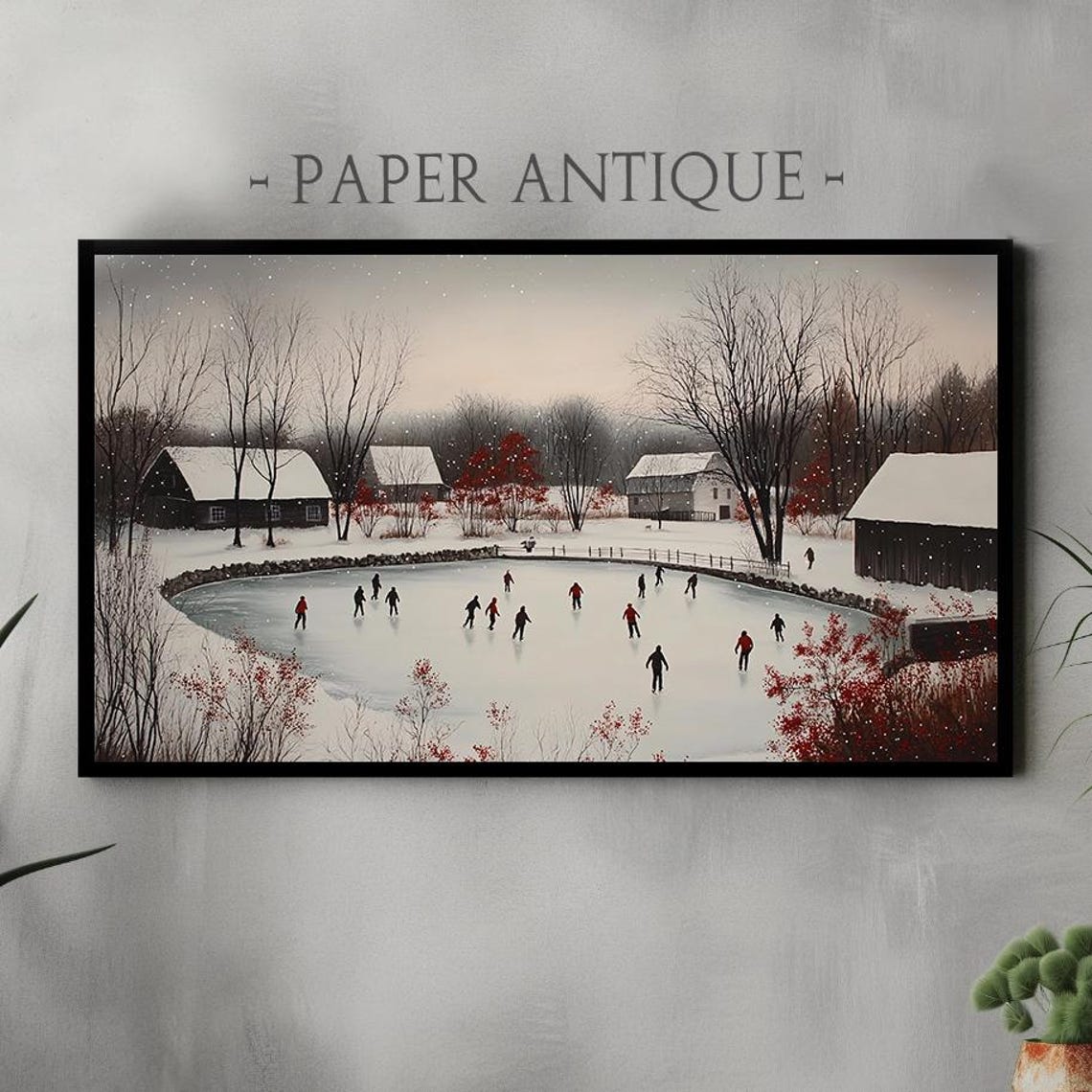 Frozen Farm Pond Ice Skaters Winter Landscape Rustic Painting Poster