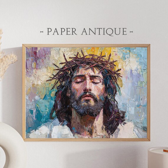 Jesus Crown of Thorns Colorful Impasto Portrait Religious Painting Poster