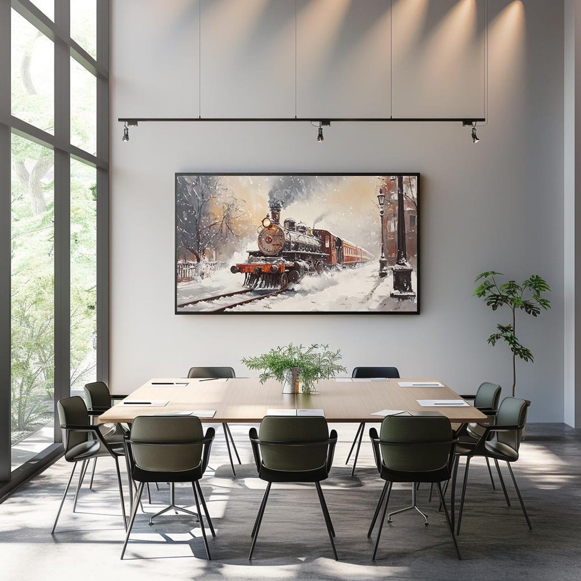 Vintage Christmas Steam Train in Snowy Town Oil Art Scene Poster - Image 3