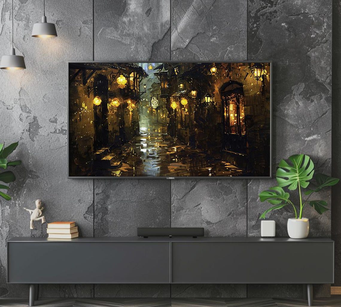 Rainy Old Street Lanterns Night Moody Gothic Alley Painting Poster - Image 4