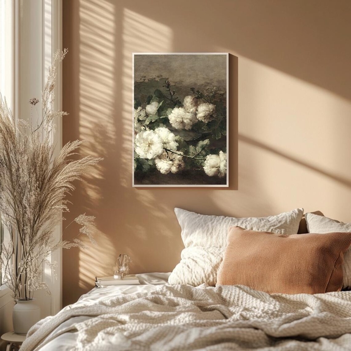 White Cotton Bolls On Branch Rustic Botanical Oil Painting Poster - Image 2