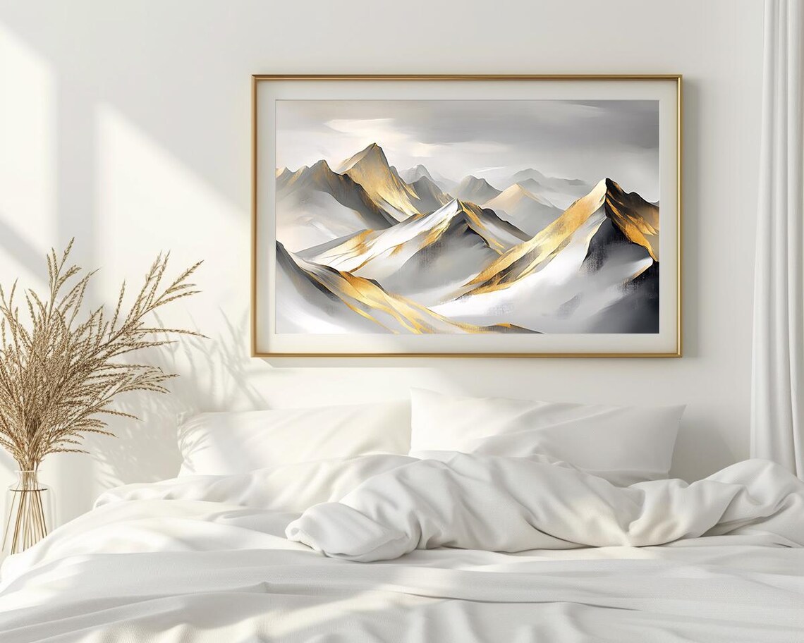 Golden Mountain Peaks Abstract Landscape Painting Wall Art Modern Decor Instant Ls - Image 2