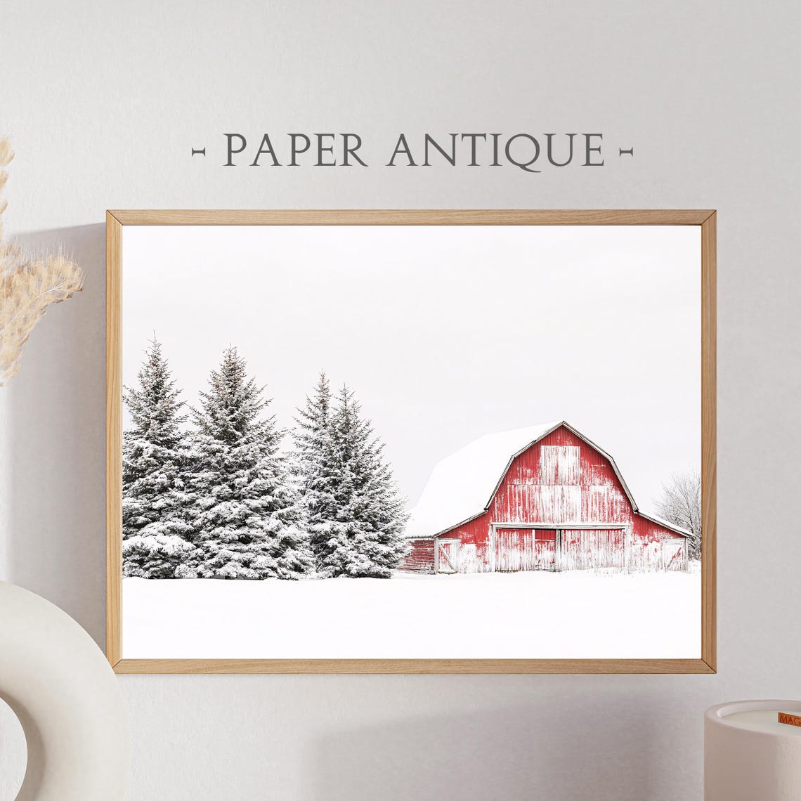 Red Barn In Snow Minimalist Winter Photography Snowy Pines Poster