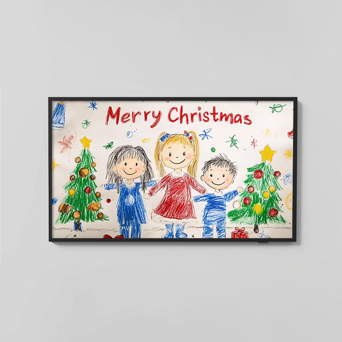 Merry Christmas Kids Crayon Drawing Joyful Children Tree Poster - Image 2
