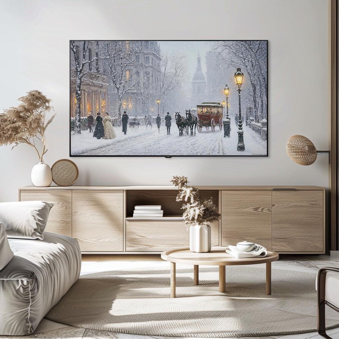 Victorian Winter Street Horse Carriage Snowy Evening Panorama Poster - Image 5