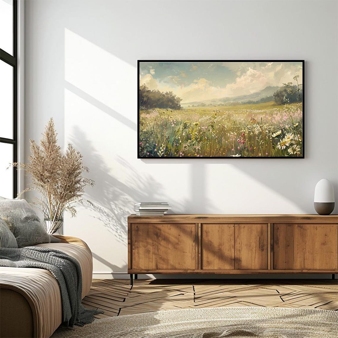 Wildflower Meadow Daisies Rolling Hills Soft Sky Oil Painting Poster - Image 4