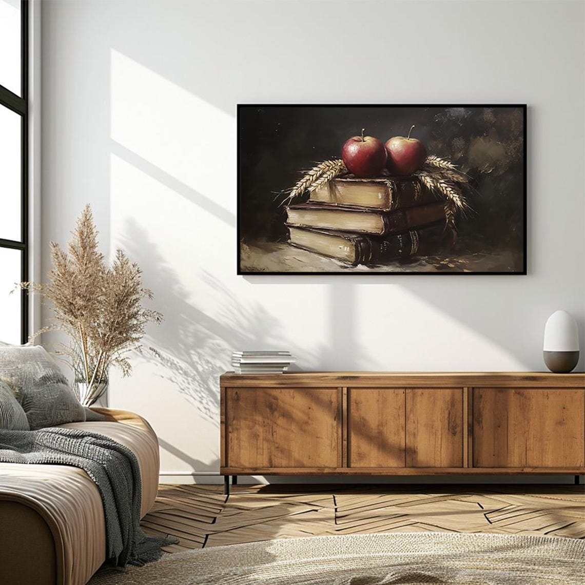 Rustic Still Life Apples on Vintage Books and Wheat Oil Poster - Image 4