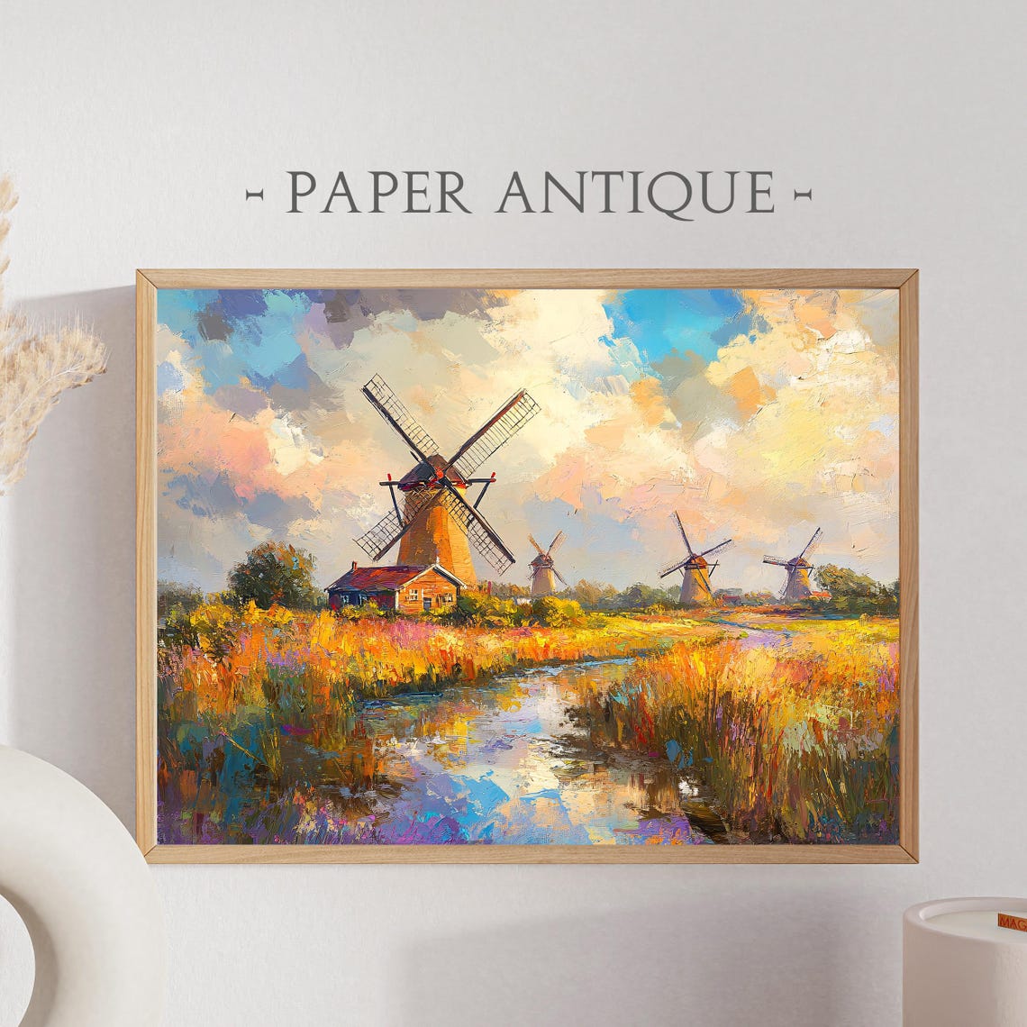 Colorful Dutch Windmills in Autumn Field Impressionist Oil Poster