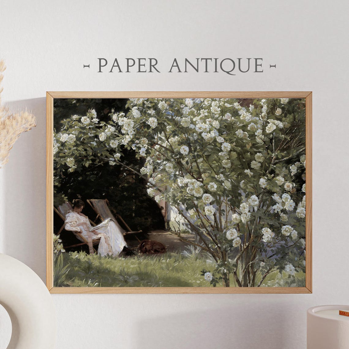 Woman Reading Garden Chair White Blossoms Peaceful Vintage Art Poster