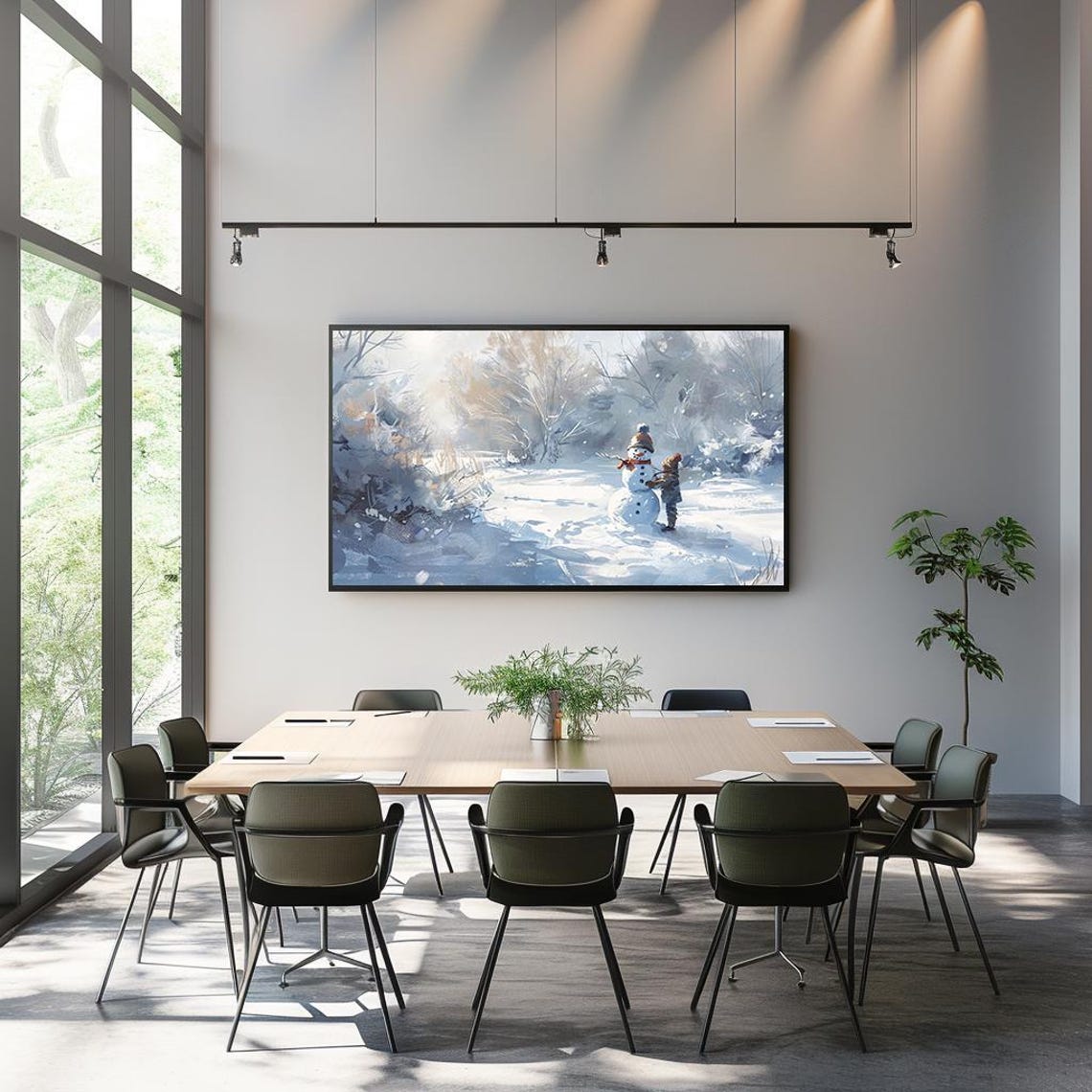 Child Building Snowman in Winter Wonderland Watercolor Poster - Image 3