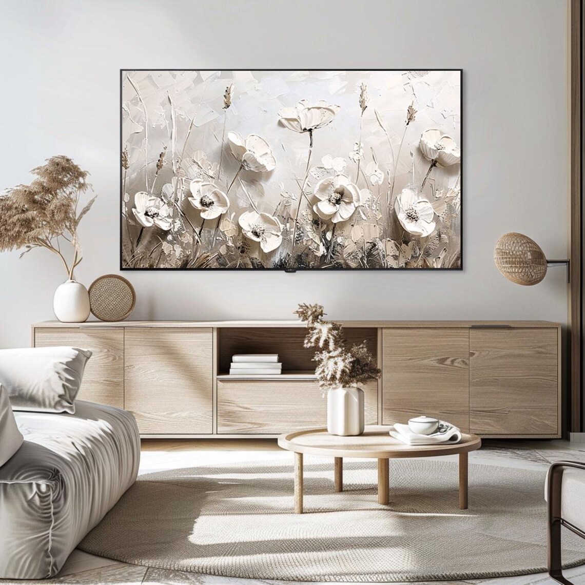 White Poppies Impasto Neutral Floral Oil Painting Minimalist Poster - Image 5