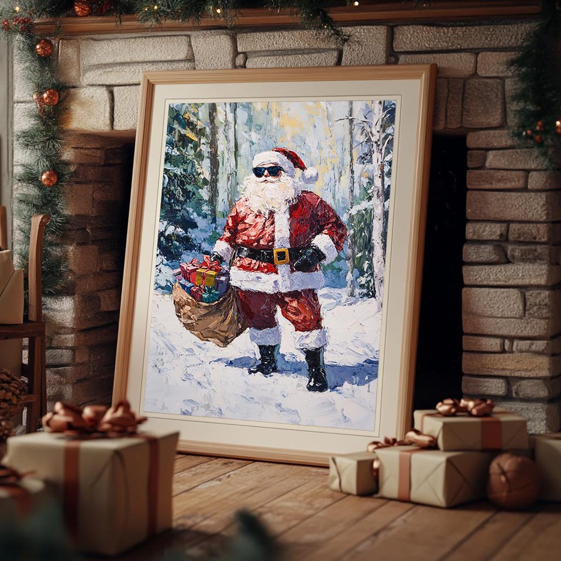 Cool Santa Claus with Sunglasses Holding Gift Sack Oil Painting Poster - Image 3