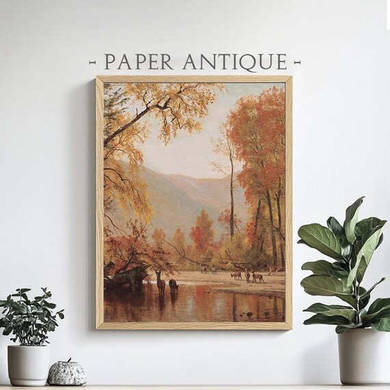 Deer Drinking At Autumn River Golden Fall Forest Wildlife Poster