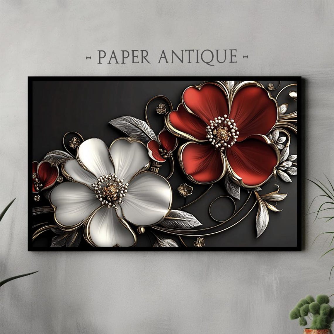 Red White Metallic Flowers Black Background 3D Floral Art Poster