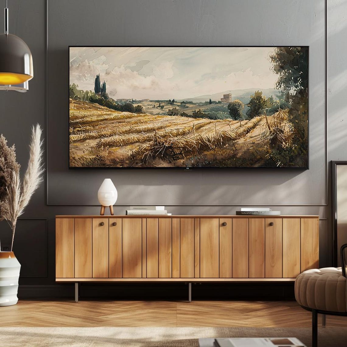 Sunlit Golden Wheat Field with Cypress Trees and Villa View Poster - Image 2