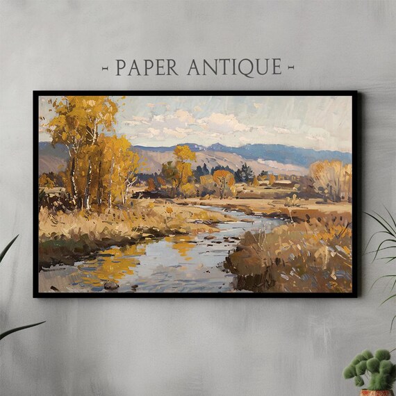 Calm Autumn River Valley with Golden Trees Mountain Scene Poster