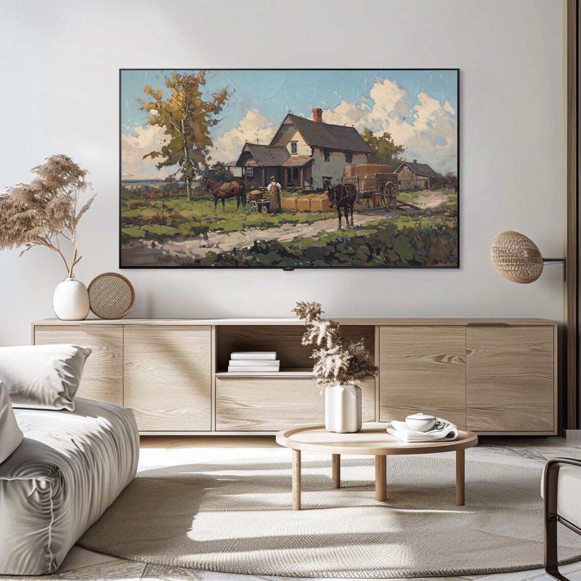 Vintage Farmhouse Horse Wagon Harvest Day Rustic Oil Painting Poster - Image 5