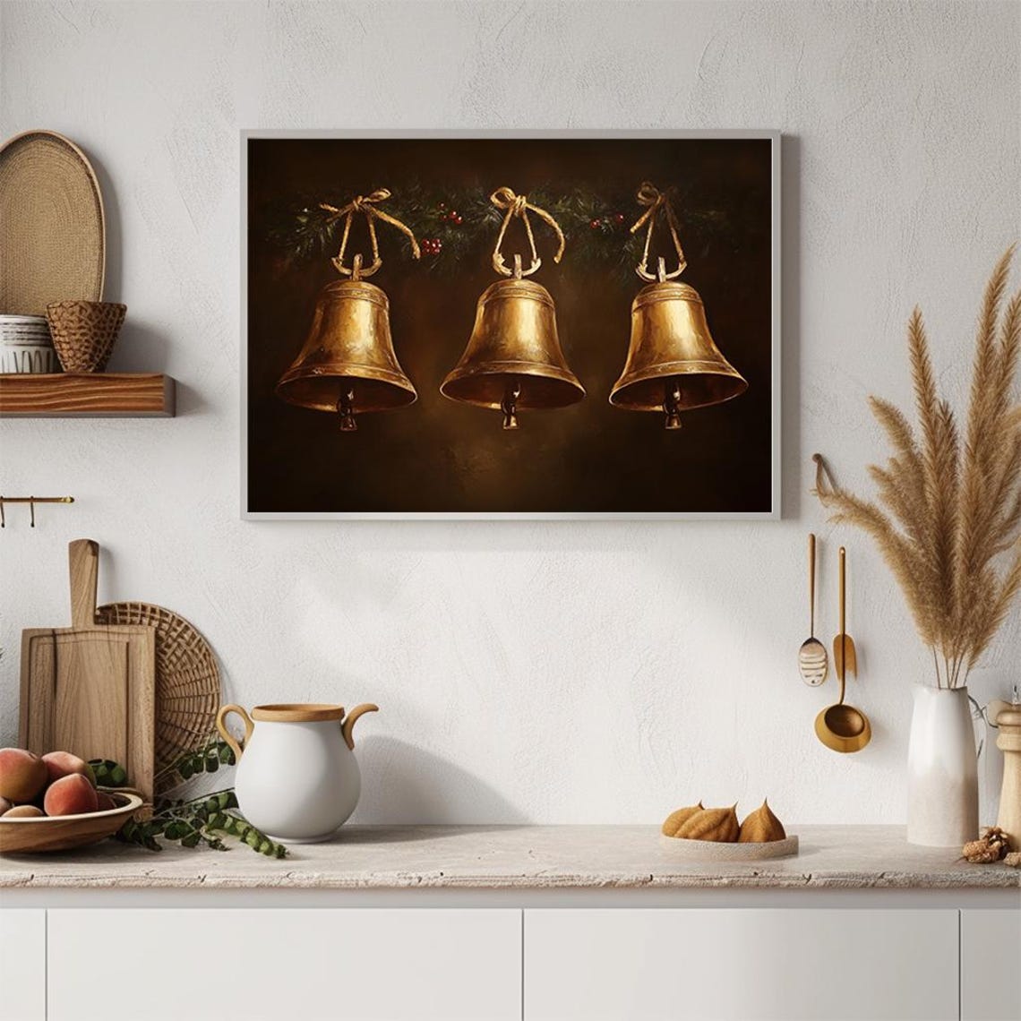 Three Golden Bells Hanging Greenery Dark Christmas Art Poster - Image 4