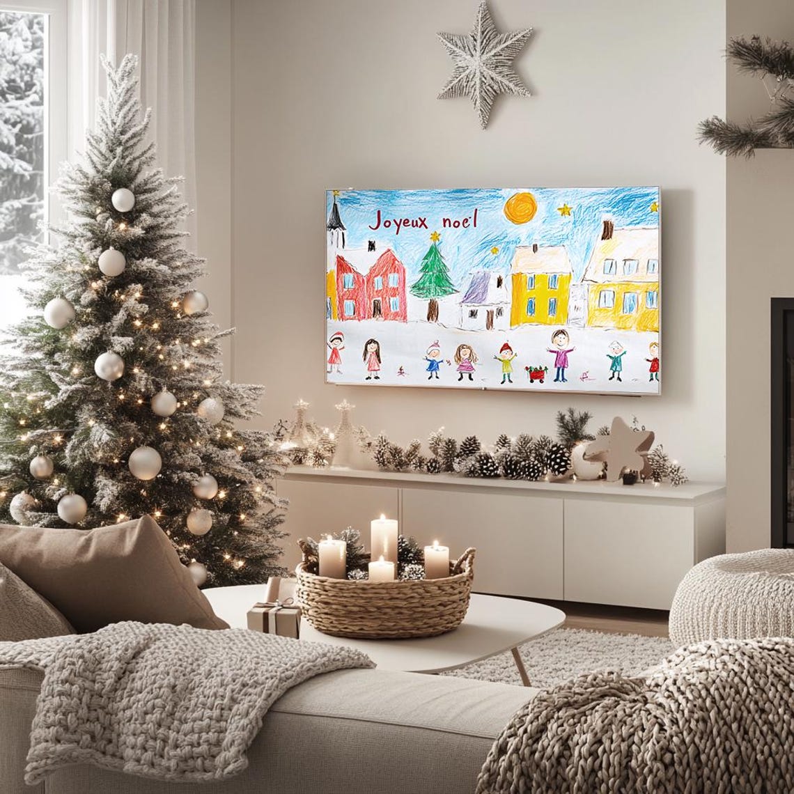 Joyful Christmas Village Children Drawing Joyeux Noel Art Poster - Image 5