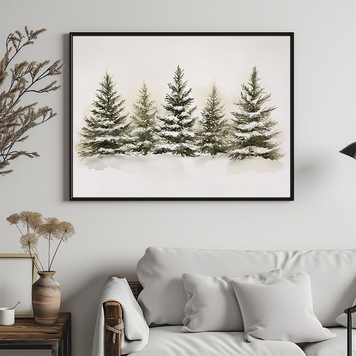 Snowy Pine Trees Watercolor Row Soft Winter Forest Painting Poster - Image 5