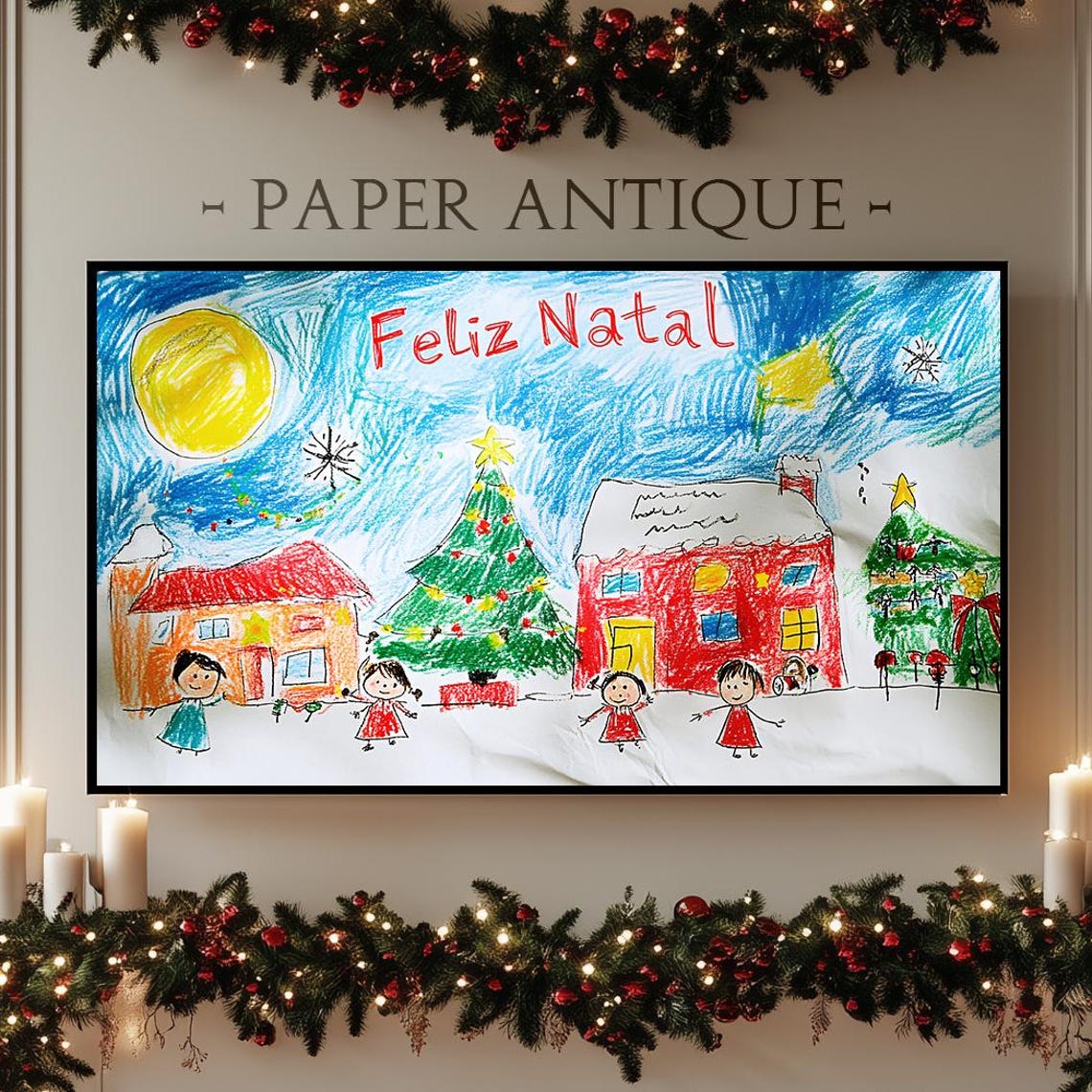 Festive Christmas Drawing Children with Tree Feliz Natal Poster