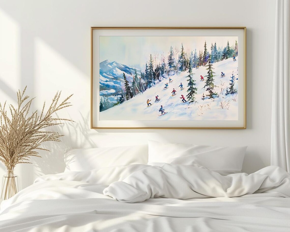 Skiers on Snowy Mountain Slope Watercolor Winter Sports Scene Poster - Image 2