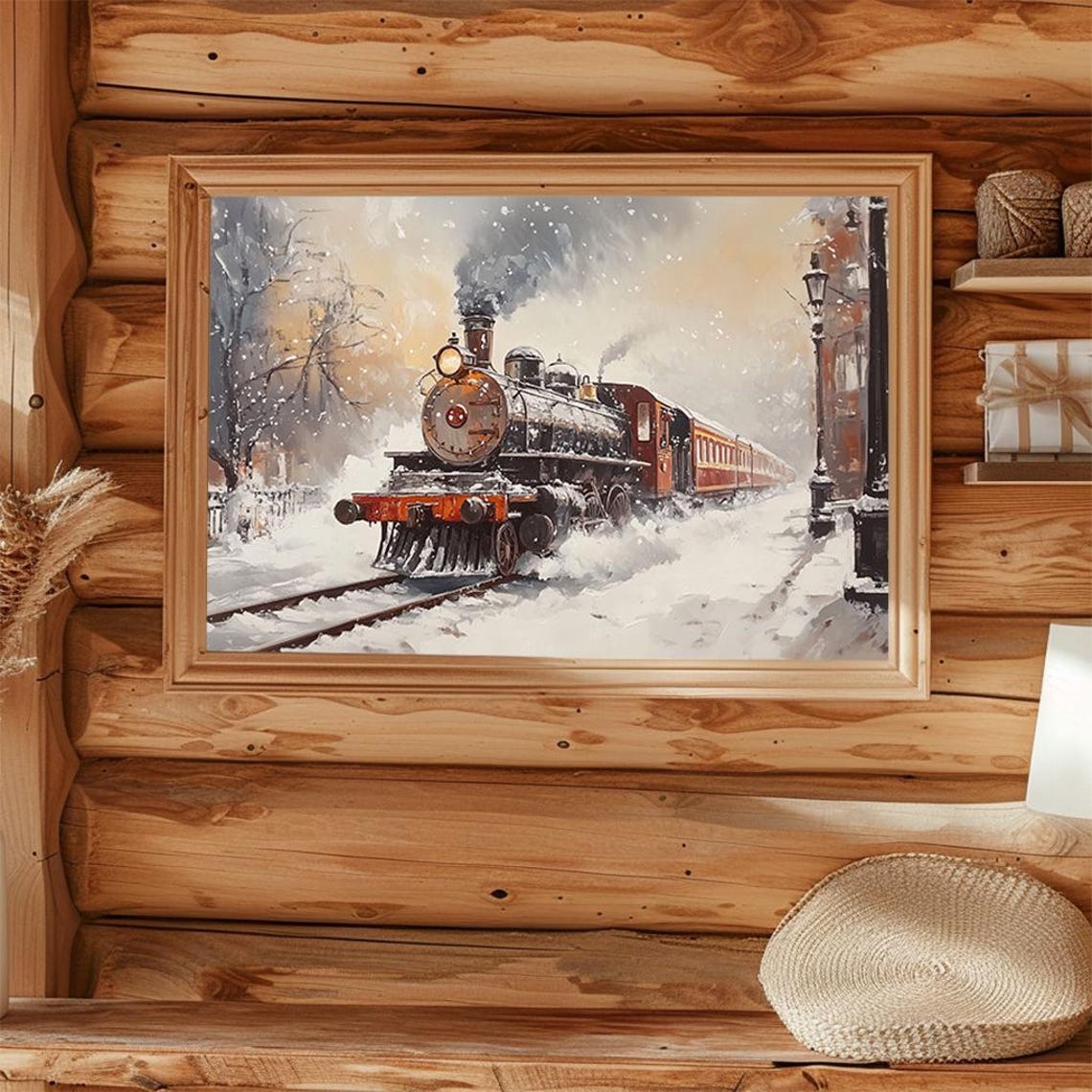 Vintage Steam Train in Snowy Town Winter Oil Painting Poster - Image 4