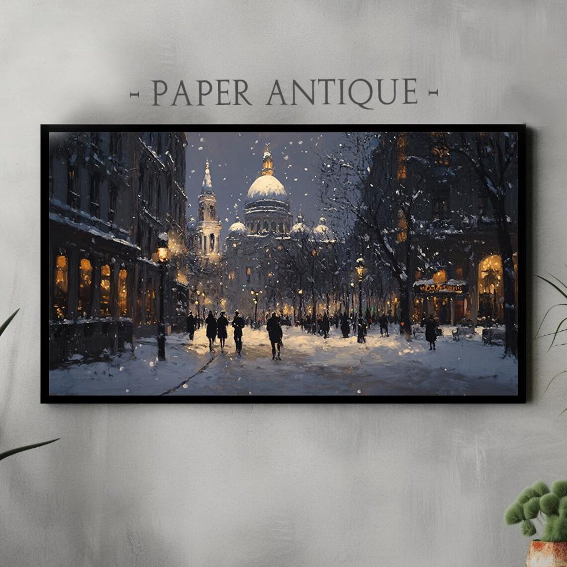 Snowy City Street Cathedral Evening Oil Painting Winter Scene Poster