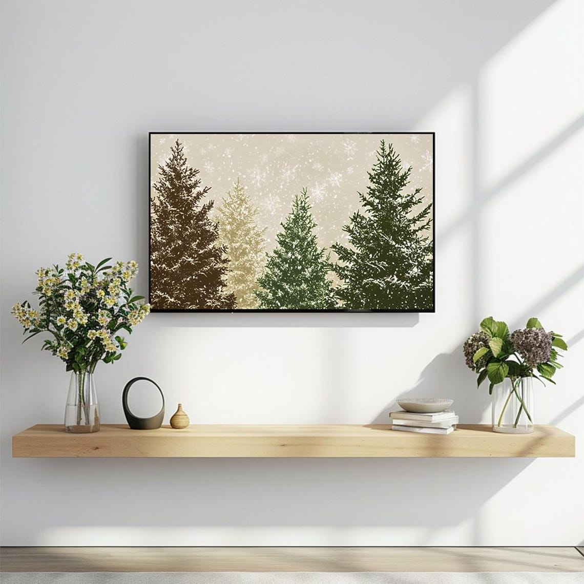 Vintage Evergreen Trees In Falling Snow Warm Winter Landscape Poster - Image 2