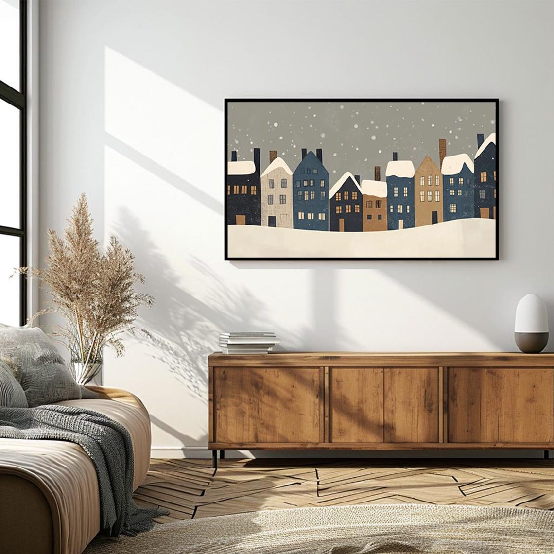 Minimalist Snowy Village Houses Flat Illustration Winter Wall Poster - Image 4