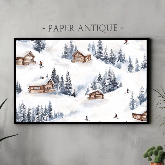 Ski Village Watercolor Log Cabins Skiers Snowy Pines Winter Poster