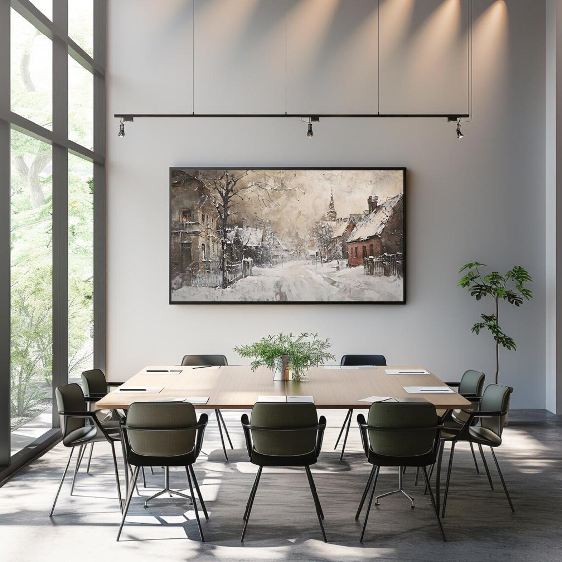 Snowy European Village Street Church Spire Winter Impressionist Poster - Image 3