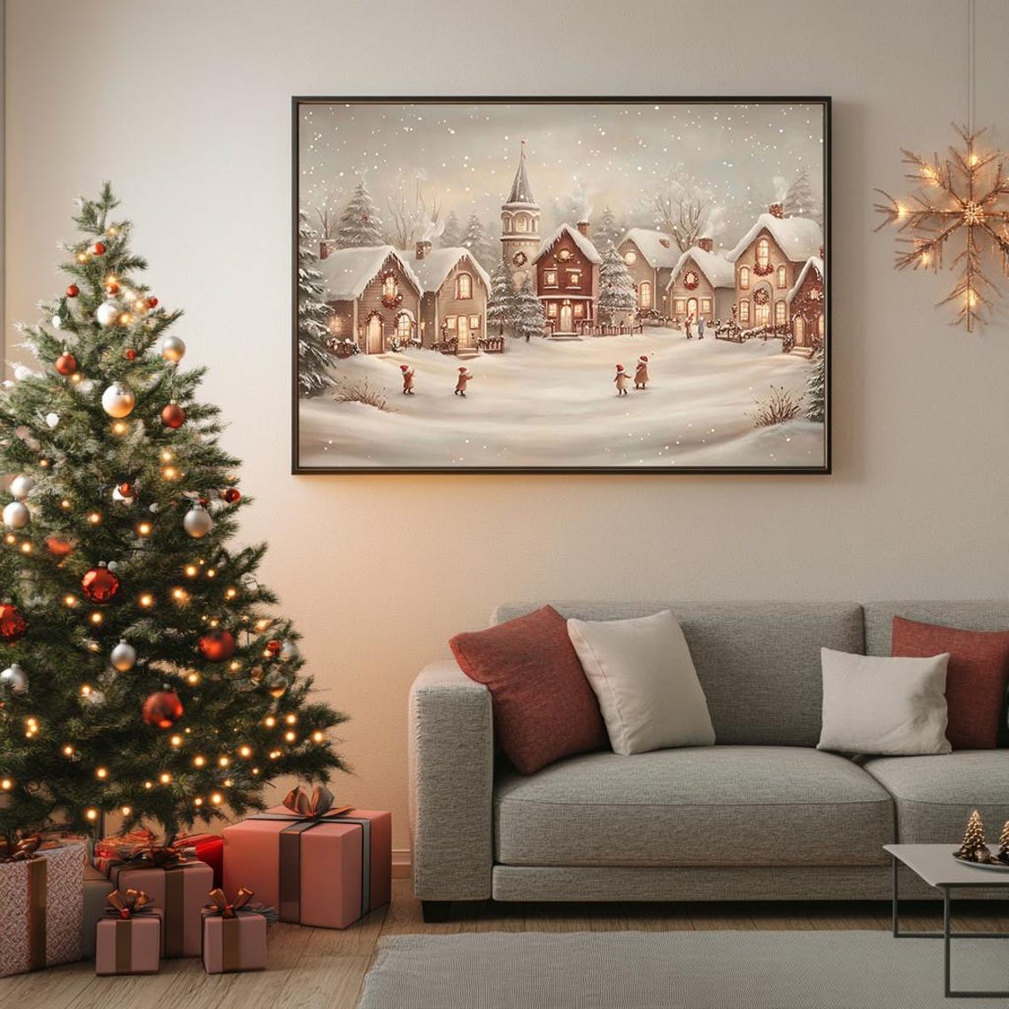 Christmas Village with Children Playing in Snow Vintage Poster - Image 5