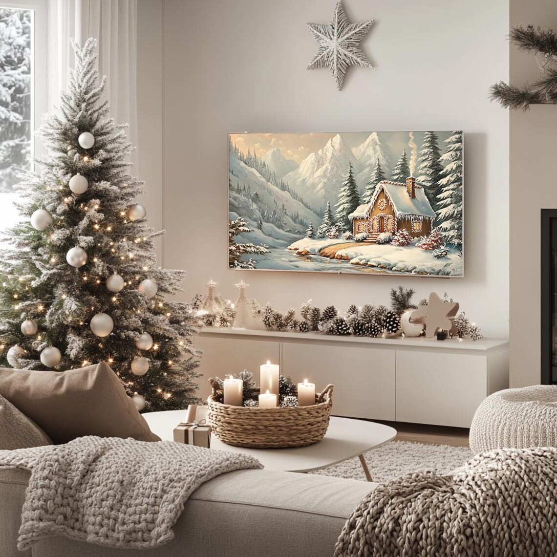 Snowy Mountain Cabin Cozy Winter Christmas Scenic Landscape Poster - Image 5