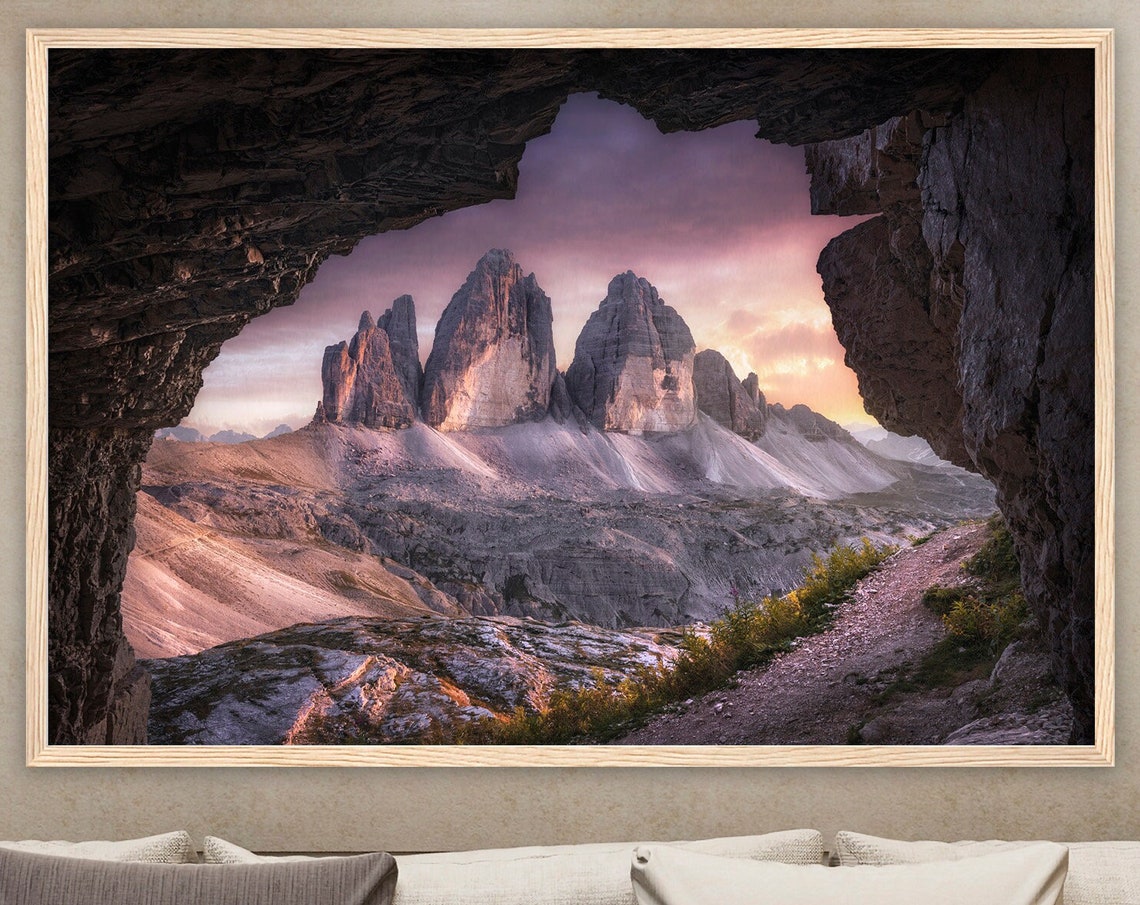 Tre Cime di Lavaredo Dolomites Seen Through Natural Rock Window Poster