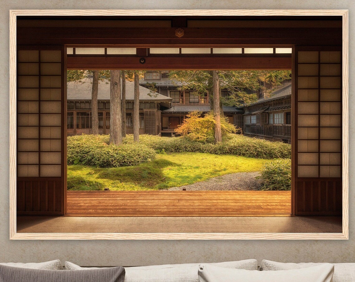Japan Temple Courtyard Open Sliding Doors Garden View Zen Poster